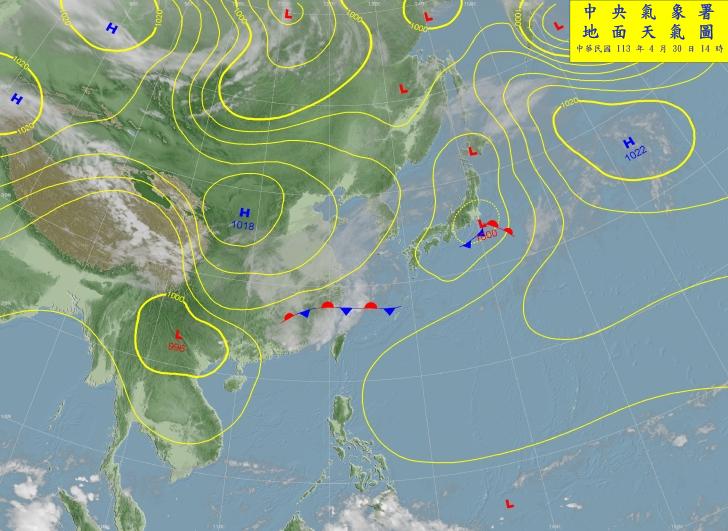 鋒面到，水氣增多，雨勢下到本週四。(圖/取自氣象署)